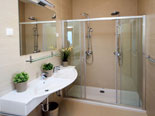 Bathroom in the modern Dalmatian seafront villa with pool on Brac Island in Split region